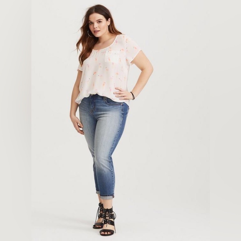 Abbey Georgette Button Back Short Sleeve Blouse White Flamingo Print Blouse